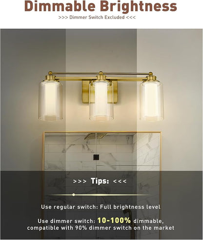 HWH 3-Light Bathroom Vanity Light, Clear Glass, Dimmable, 5HLT63B-3W-LED BG | 5CCT, Brushed Gold, 18W, Bathroom Light Fixtures Antique Brass Vanity Light, Vanity Lights, Dimmable Integrated LED Lighting