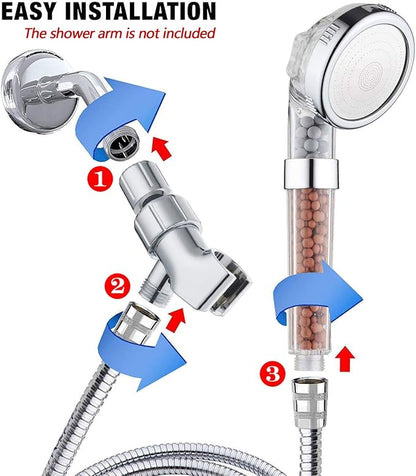 PRUGNA Filter Shower Head with Hose and Shower Arm Bracket, High Pressure & Water Saving Handheld Shower, 3-Settings Filter Showerhead for Dry Hair & Skin SPA