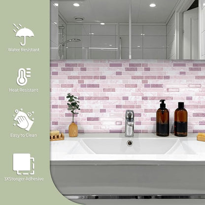 10 Sheets Thick Peel and Stick Kitchen Backsplash Tiles | 3D Waterproof Self Adhesive Wall Tile Stick on Backsplash for Kitchen,Bathroom and Fireplace(Pink,12"×12")