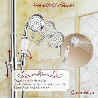 gotonovo Vintage Exposed Shower Faucet Set with Tub Spout,Polish Chrome | Bathtub 8” Shower Head with Handheld System Fixtures Combo Kit,360°Rotation,Fast Filler,Extra Extension Tube,for 5-6.7" Hole