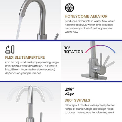 Comllen Wet Bar Sink Faucet, Brushed Nickel, Lead-Free 304 Stainless Steel, 360° Swivel, Single Handle, Small Prep Sink Faucets with Deck Plate for RV Outdoor Laundry Vanity Lavatory