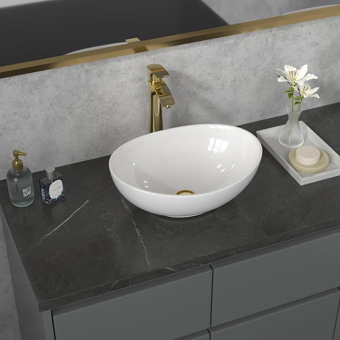Sarlai Oval Vessel Sink - 16"x13" Bathroom Sink Oval Shape Above Counter White Porcelain Ceramic Bathroom Vessel Vanity Sink Art Basin