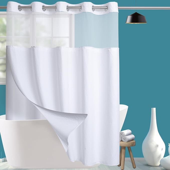 Conbo Mio Extra Long No Hook Waffle Weave Shower Curtain with Snap in Liner Set, Hotel Luxury White Shower Curtains for Bathroom with See Through Top Window, Waterproof, Washable 71W x 84H