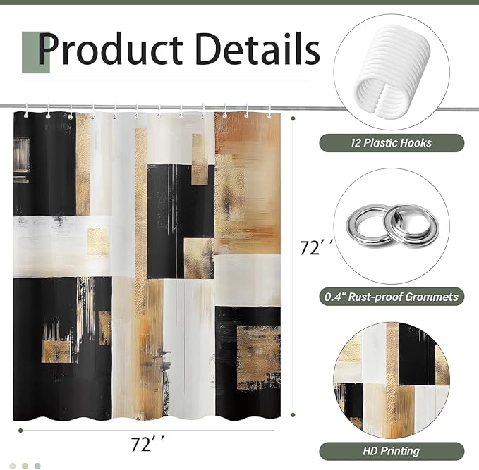 Black and Gold Abstract Shower Curtain, Boho Modern Art Aesthetic Oil Painting Shower Curtain Set, Brown Beige Neutral Artistic Fabric Shower Curtains for Bathroom with 12PCS Hooks 72X72IN