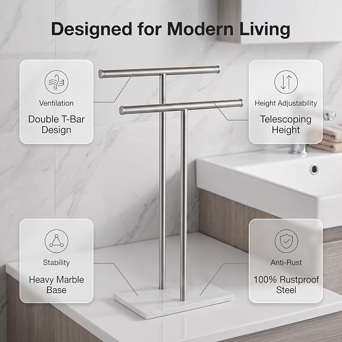 Double T Free Standing Towel Rack, Telescoping Marble Towel Stand | Expandable dual T-bar towel holder for bathroom with heavy marble base, adjustable height rustproof floor stand for pool