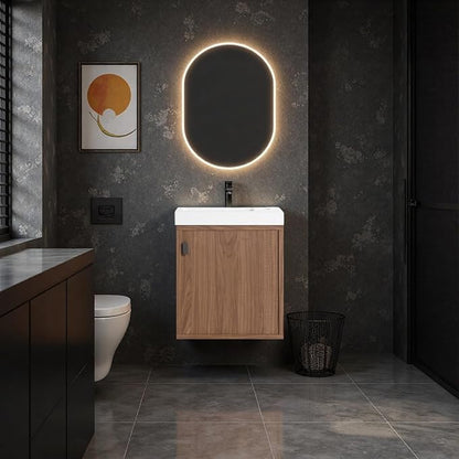 18.5" Bathroom Vanity with Resin Sink, Modern Wall-Mounted Floating Bathroom Vanity with Soft Closed Single Door for Home, Undermount Storage Cabinet, Easy to Clean, Natural Walnut