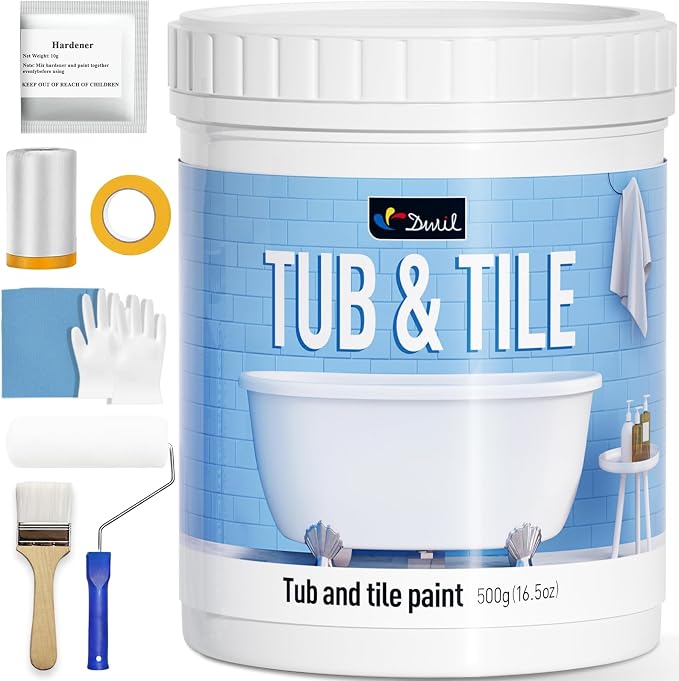 DWIL Tile Paint, Tub and Tile Refinishing Kit with Tools, Water-based Bathtub Paint - Low Odor, Easy to Use, 25-30sq.ft, 16.5oz, Semi-Gloss White