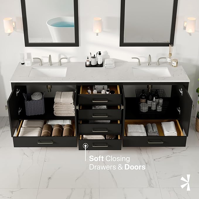 Eviva Aberdeen 84 in. Espresso Double Sink Bath Vanity with Carrara Quartz Top and Undermount Porcelain Sinks