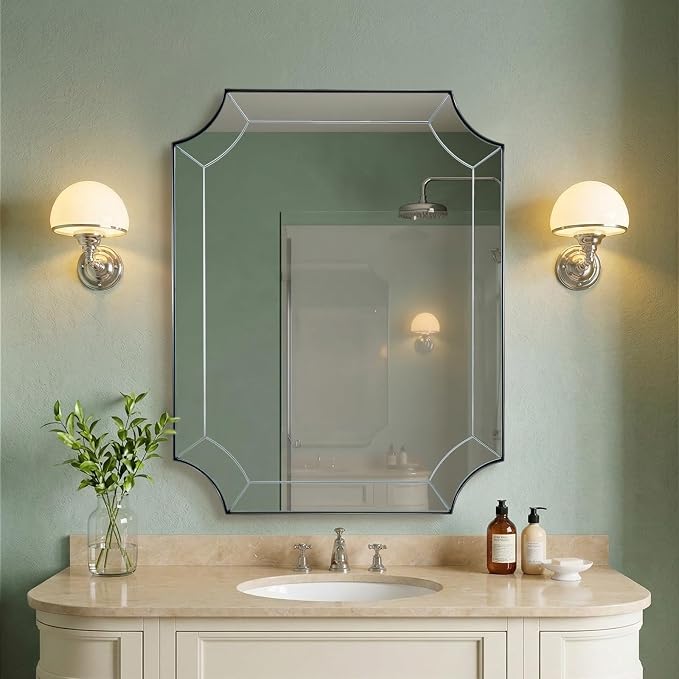 Brushed Nickel Mirror, 28x36 Scalloped Bathroom Mirror, Silver Vanity Mirror in Stainless Steel, Notched Mirrors with Delicate Tessellated Glass, Wall-Mounted Horizontal/Vertical
