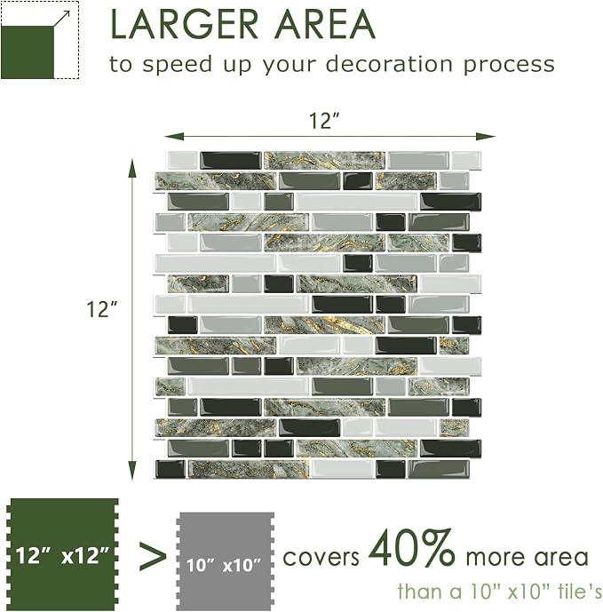 STICKGOO Thicker Design Peel and Stick Tile Backsplash, 12”×12”Stick on Backsplash for Kitchen, Self Adhesive Tile for Kitchen Backsplash and Bathroom(10 Sheets, Mixed Green)