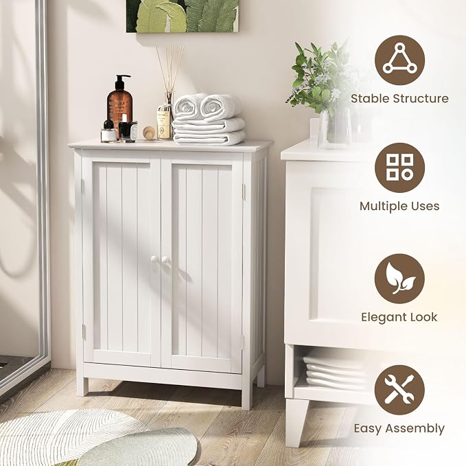 COSTWAY Bathroom Storage Cabinet, Freestanding Bathroom Organizers and Storage with Doors & Adjustable Shelf, Wooden Floor Cabinet for Home, Living Room, Entryway, Kitchen (White) | Storage with Doors & Adjustable Shelf, Wooden Floor Cabinet for Home, ...