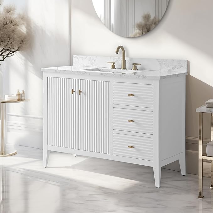 Vanity Art 42 inch Bathroom Vanity with Single Sink & Ceramic Top, Vanity Cabinet with Soft-Closing Door, Solid Wood Frame, Linear Pattern, White, Golden Brushed Handware VA9142-W-GB