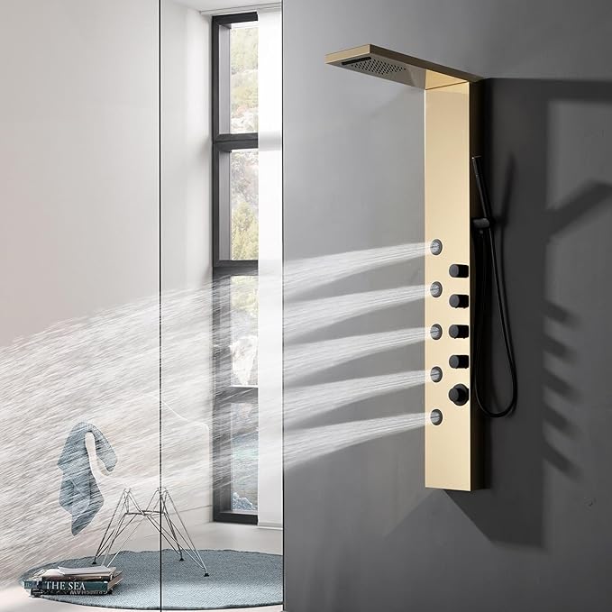 Homevacious Shower Panel Tower System with Rainfall Shower Head,5 Body Jets and Handheld Shower Head,Modern Massage Shower System Polished Gold and Black