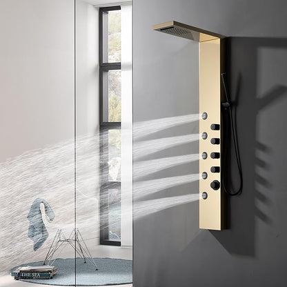 Homevacious Shower Panel Tower System with Rainfall Shower Head,5 Body Jets and Handheld Shower Head,Modern Massage Shower System Polished Gold and Black