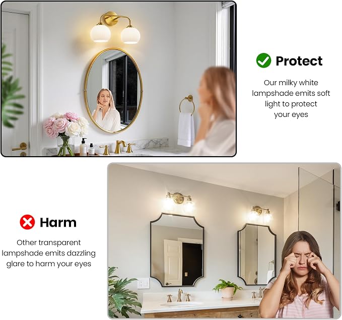 RUIYEY Bathroom Vanity Light Fixtures: 2-Lights Gold Bathroom Lighting Fixtures Over Mirror, 15.9" Mid-Century Modern Wall Sconces with Ribbed Lantern Frosted Glass Shade for Kitchen Bedroom Restroom