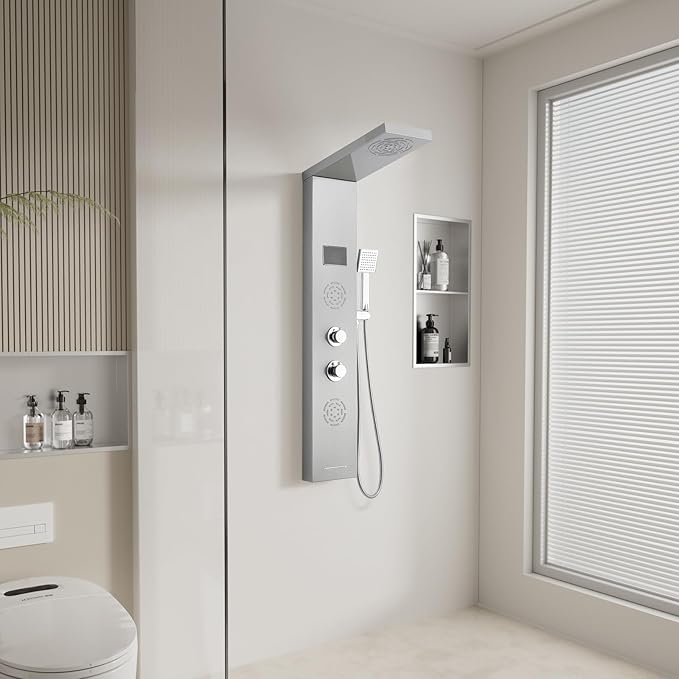POPFLY Shower Panel Tower with LED Mist Shower Rainfall Head ＆ 2 Body Jets with LED, Tub Spout and Temperature Display, No Battery Needed Shower Tower Column System, Brushed