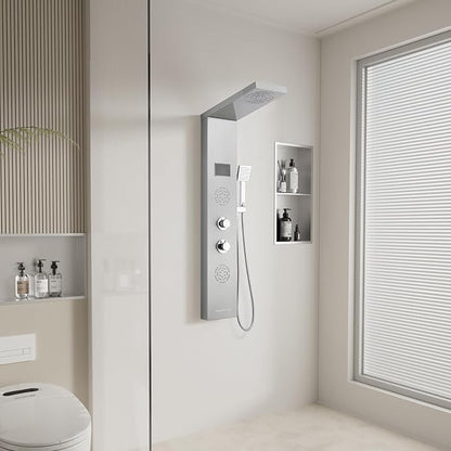 POPFLY Shower Panel Tower with LED Mist Shower Rainfall Head ＆ 2 Body Jets with LED, Tub Spout and Temperature Display, No Battery Needed Shower Tower Column System, Brushed
