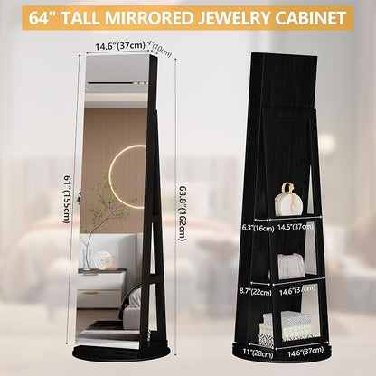 LVSOMT Standing Jewelry Cabinet with Sliding Full Length Mirror, Black | 360° Swivel Mirror with Jewelry Storage, Lockable Jewelry Armoire Organizer with 3 Rear Shelves for Bedroom, Gift for Women