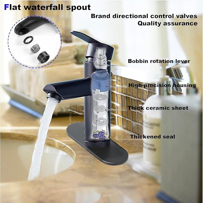 Bathroom faucet with labeled components on a blurred bathroom background