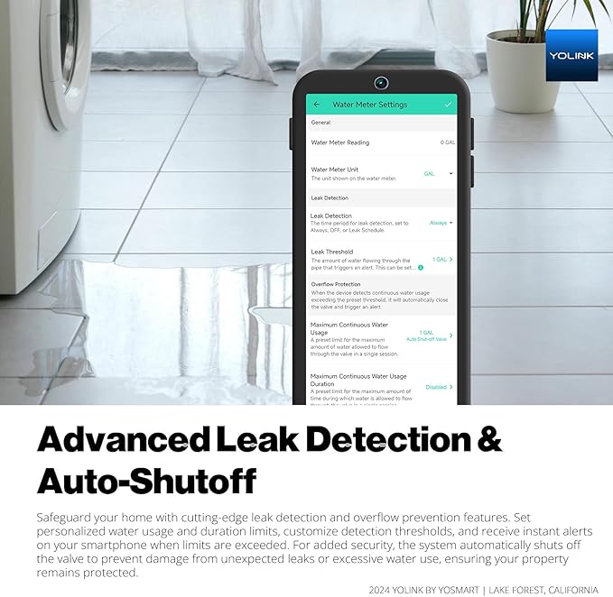 NSF Certified YoLink FlowSmart All-in-One Smart Water Meter & Auto Shutoff for 1.5" Pipes, LoRa Long-Range, Real-Time Leak Detection, 10-Year Battery, 80+ Device Ecosystem, Hub Required