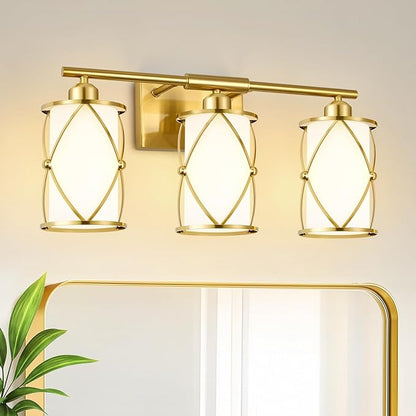 3-Light Brushed Gold Bathroom Light Fixtures with Milk Frosted Glass, 21" Modern Bathroom Vanity Lighting Fixtures Over Mirror with Metal Cage, Wall Sconce Lights for Bath, E26, CH9176BGW-3W