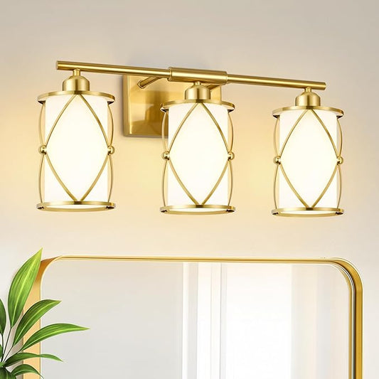 3-Light Brushed Gold Bathroom Light Fixtures with Milk Frosted Glass, 21" Modern Bathroom Vanity Lighting Fixtures Over Mirror with Metal Cage, Wall Sconce Lights for Bath, E26, CH9176BGW-3W