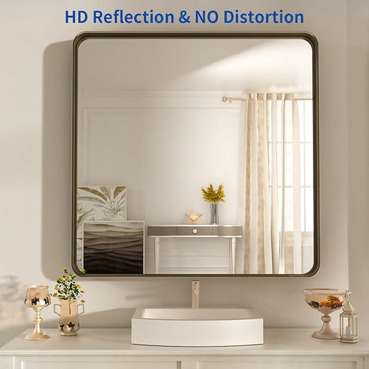 WEER 36x30 Inch Bronze Bathroom Mirror for Vanity, Brushed Bronze Metal Frame Mirror for Wall, Rounded Rectangle Bronze Frame Mirror with Tempered Glass, Anti-Rust (Horizontal/Vertical)