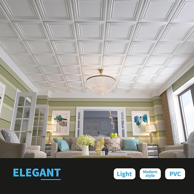 Art3d PVC Ceiling Tiles, 3D Plastic Sheet in White, 2 x 2 ft, 24-Pack | Lightweight, Waterproof, No Sag and Breakage, Compatible with Grid System, Perfect for Basement, Kitchen