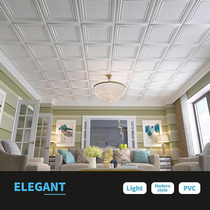 Art3d PVC Ceiling Tiles, 3D Plastic Sheet in White, 2 x 2 ft, 24-Pack | Lightweight, Waterproof, No Sag and Breakage, Compatible with Grid System, Perfect for Basement, Kitchen