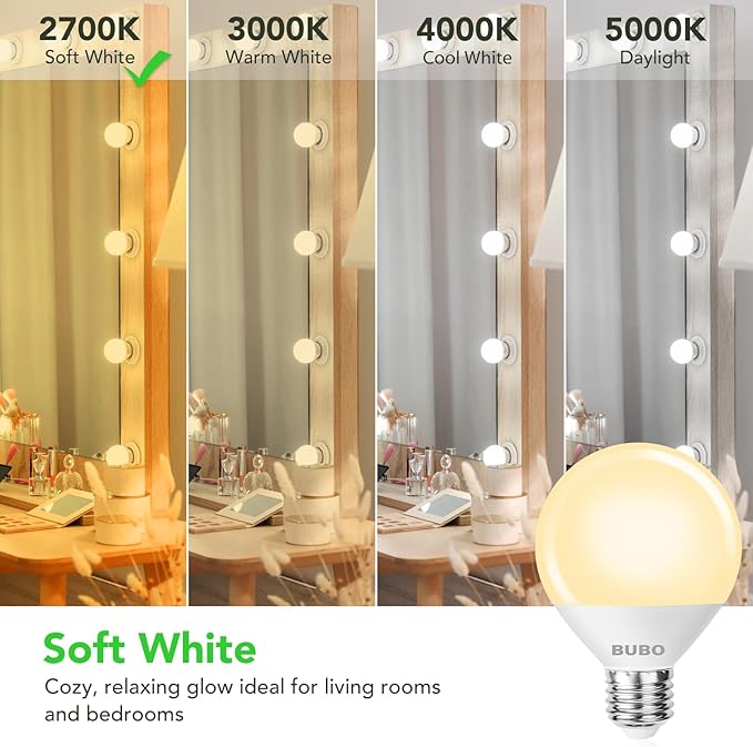 BUBO Globe Light Bulbs 60 Watt Equivalent, Vanity Light Bulbs Soft White 2700K, Bathroom Light Bulbs, Round Light Bulbs, G25 LED Light Bulbs 800 Lumens, E26 Medium Base, 7W, Non-Dimmable, 8 Pack
