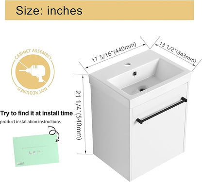 Malwee 18" Floating Bathroom Vanity with Sink, 18 inch Modern White Wall Mounted Bathroom Cabinet Combo for Small Space, Narrow Bath Wall-Hung Vanity Set with 1 Ceramic Basin and 1 Door(18gwh)