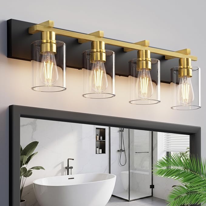 4-Light 30inch Black and Gold Vanity Light, Thickened Clear Glass | Over Mirror for Bathroom, Rust Resistant, E26 Base, Easy Install, Removable Glass Shade Horizontal Mount, Dimmable