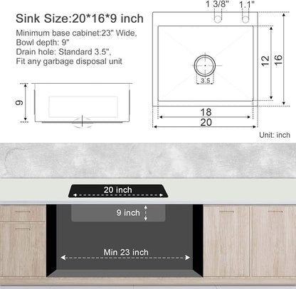 20" Drop-In Single Bowl Kitchen Sink 304 Stainless Steel Brushed | 20"x16" Drop-in Sink | Stainless steel | 9" Deep | Topmount Strainer | Included | Single Bowl | Small Kitchen/Prep