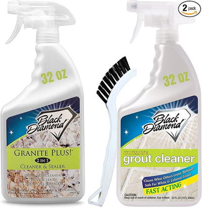 Granite Plus Cleaner & Sealer + Ultimate Grout Cleaner W/ Brush, 2 Quarts | Acid-free formula deep cleans grout on tile floors. Safe for marble, travertine, granite and all natural stone.