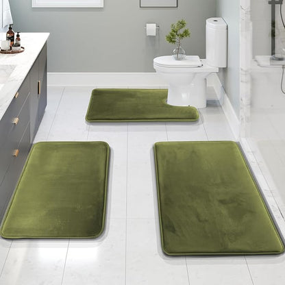 Clara Clark 3 Piece Bathroom Rugs Bath Mat Set, Velvet Memory Foam Bath Mats for Bathroom - Non-Slip, PVC Backing Bath Rugs, Washable - Dries Quickly, Green