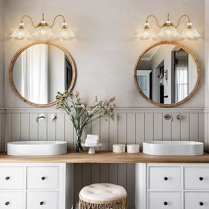 Vintage Bathroom Vanity Light, 3-Light Matte Brass Finish Vanity Light with Floral Clear Glass Shades, Retro Wall Sconce for Bathroom, Dressing Table