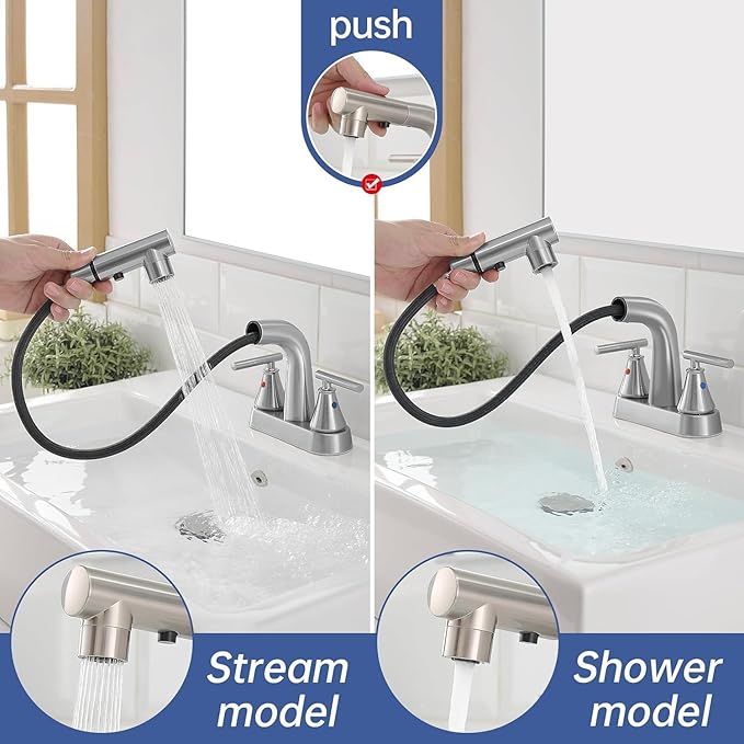 FRANSITON Bathroom Faucets with Pull Out Sprayer, 4 Inch Brushed Nickel Bathroom Faucet 3 Hole, 2 Handle Pull Down Sprayer Bathroom Sink Faucet with 360 Swivel Spout (Brushed Nickel)