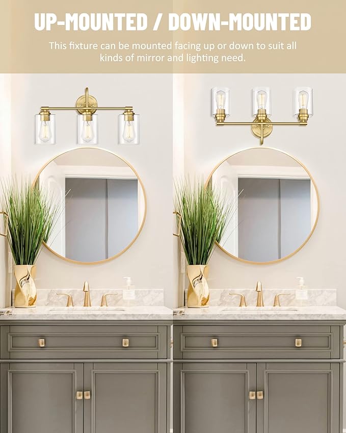 Gold Bathroom Light Fixtures, 3-Light Vanity Light Over Mirror Lighting with Cylinder Glass Shade, KW-7306-3