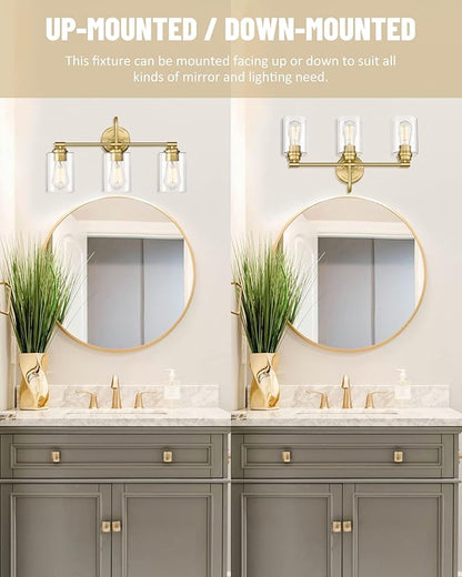 Gold Bathroom Light Fixtures, 3-Light Vanity Light Over Mirror Lighting with Cylinder Glass Shade, KW-7306-3