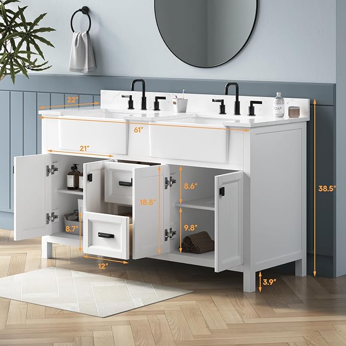 60 Inch Bathroom Vanity with Double Sink, Solid Wooden Frame Bathroom Storage Cabinet, Modern Bathroom Vanities Set Bathroom Cabinet with Soft Closing Doors & Drawers-White