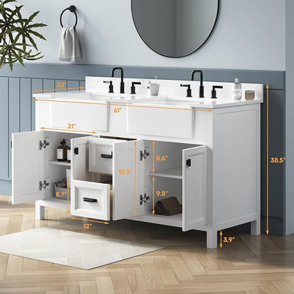 60 Inch Bathroom Vanity with Double Sink, Solid Wooden Frame Bathroom Storage Cabinet, Modern Bathroom Vanities Set Bathroom Cabinet with Soft Closing Doors & Drawers-White