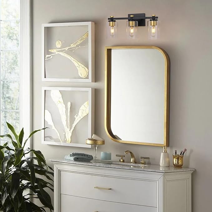 3-Light Black Gold Bathroom Vanity Light with Clear Glass Shades | Modern Bathroom Light Fixture, E26 Socket, Over Mirror Lighting for Bath Vanity Decor, High Quality Metal