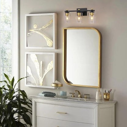 3-Light Black Gold Bathroom Vanity Light with Clear Glass Shades | Modern Bathroom Light Fixture, E26 Socket, Over Mirror Lighting for Bath Vanity Decor, High Quality Metal