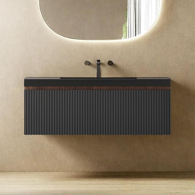 Wall Mounted Bathroom Sink Vanity, Modern 42" Floating Vanity with Resin Top Basin Sink and U-Shaped Soft-Close Storage Drawer, Striped Bathroom Storage Cabinet with Invisible Handle, Black