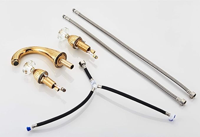 Bathroom Sink Faucet 3 Hole Deck Mounted Widespread Brass Bathroom Faucet Crystal Handle Mixer Tap,Gold(Ti-PVD)