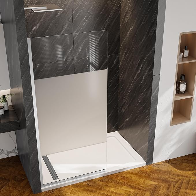 Shower Screen 36" x 76" Shower Wall Panel Chrome Middle Frosted | Tempered Glass 3/8 inch, Half Frameless Shower Wall Panel, Easy to clean Coating, Fixed Glass Shower Door With Hardware