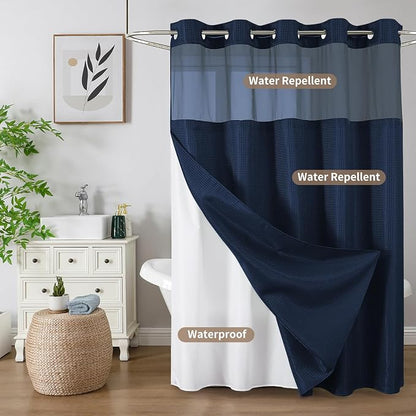 Colorful Star Navy Blue No Hook Waffle Shower Curtain Set, 72" W x 81" L | Waterproof Shower Curtain with Snap in Fabric Liner and Mesh Top Window, Hotel Style Heavy Duty Thick Bathroom Curtain