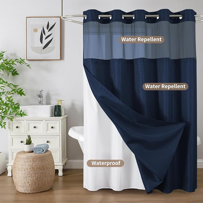 Colorful Star Navy Blue No Hook Waffle Shower Curtain Set, 72" W x 75" L | Waterproof Shower Curtain with Snap in Fabric Liner and Mesh Top Window, Hotel Style Heavy Duty Thick Bathroom Curtain