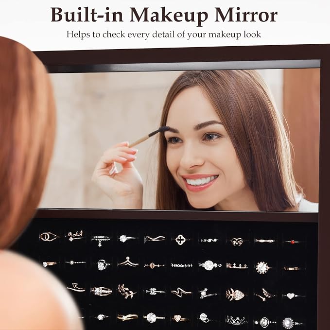 NAFORT 18 LED Lights Standing Mirror Jewelry Cabinet, Large Storage Mirror Full Length, Jewelry Armoire with Lipstick Holders, Shelves, Earring Notches, Inside Makeup Mirror, Brown