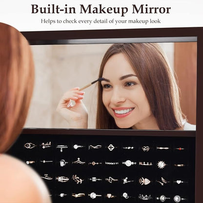 NAFORT 18 LED Lights Standing Mirror Jewelry Cabinet, Large Storage Mirror Full Length, Jewelry Armoire with Lipstick Holders, Shelves, Earring Notches, Inside Makeup Mirror, Brown